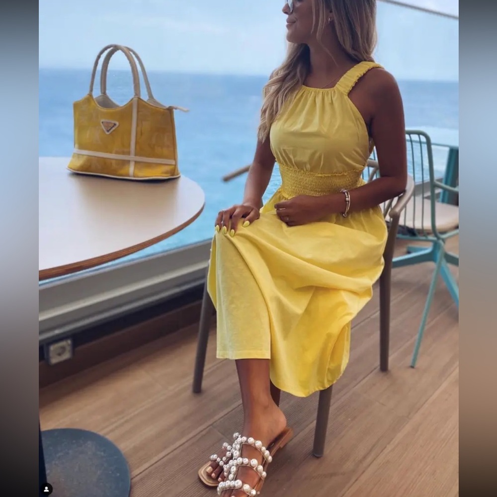 Zara Midi Dress Womens Small Yellow Smocked Empire Waist Open Back Sleeveless